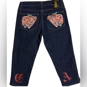 Christian Audigier Blue Cropped Jeans with Red Embroidery